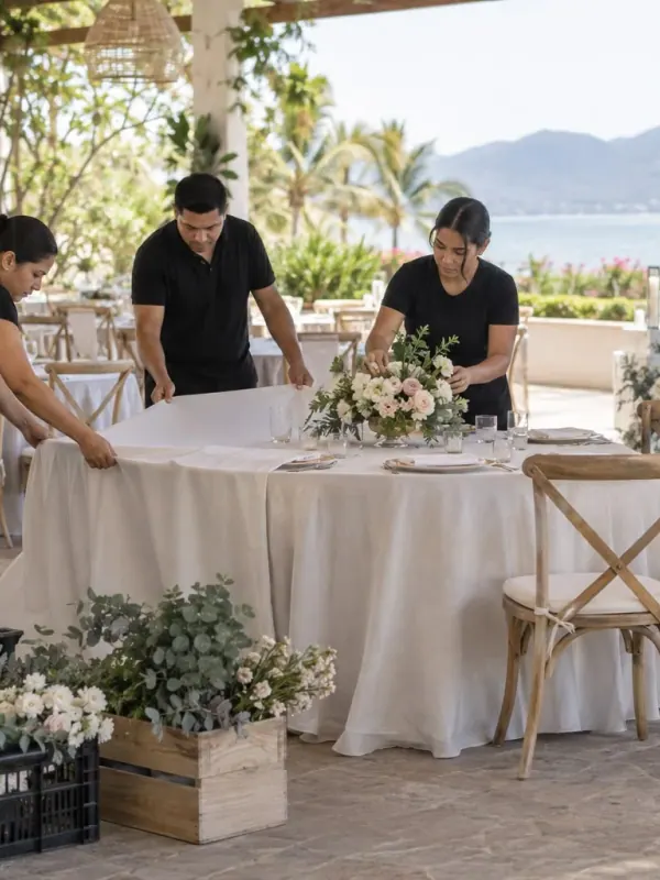 El equipo viste las mesas y acomoda los centros de flor antes del evento